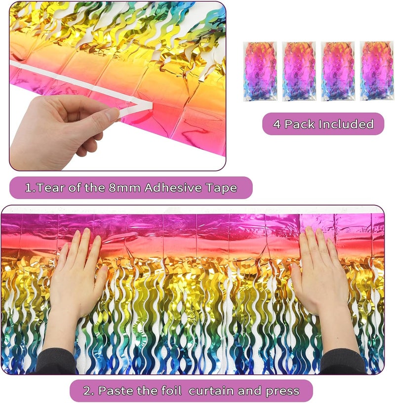 KEEUH 4 Pack Wavy Rainbow Foil Fringe Curtain | 3.3x6.6ft Colorful Tinsel Metallic Streamers Holiday Photo Booth Props Backdrop for Engagement Bridal Shower Unicorn Party Decorations - Image 4